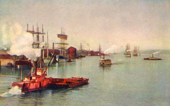A view of the Portland harbor in the 1890s. Postcard image, hand-tinted.